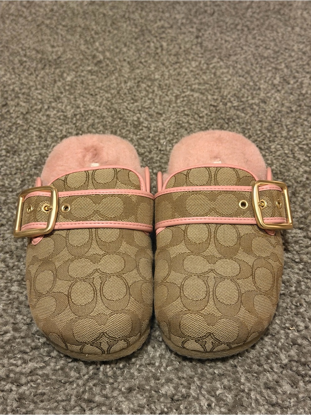 Coach Signature Ashton Clog Slippers in Pink and Tan